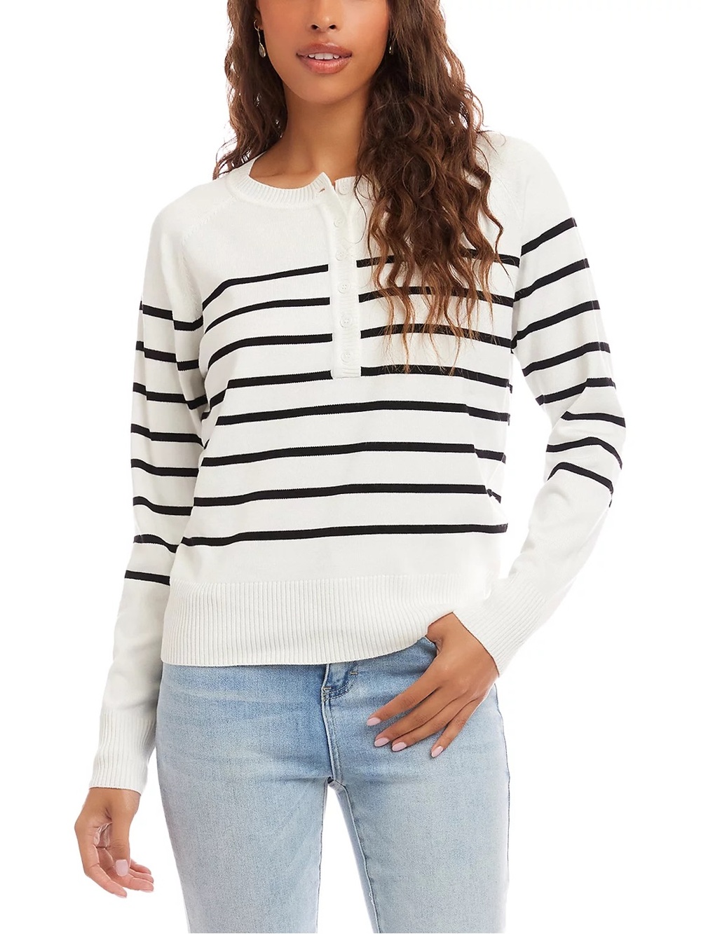 Karen Kane White and Black Striped Henley Pullover
